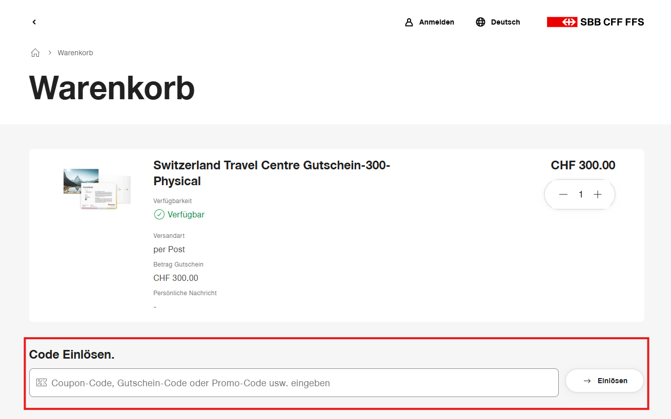 SBB Shop Code einlösen